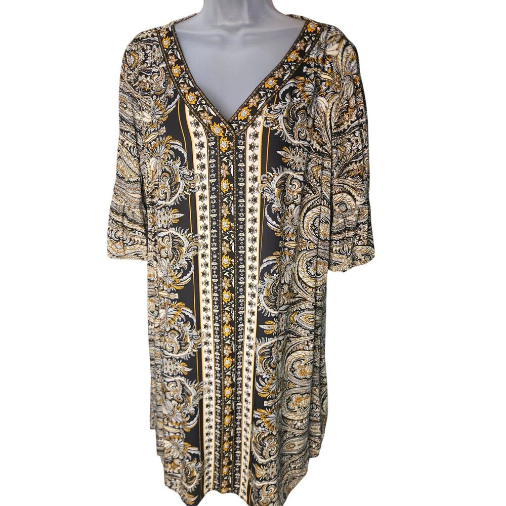 JM Collection Sheath Dress Black Gold Sz XL 3/4 Bell Sleeves - Picture 2 of 8